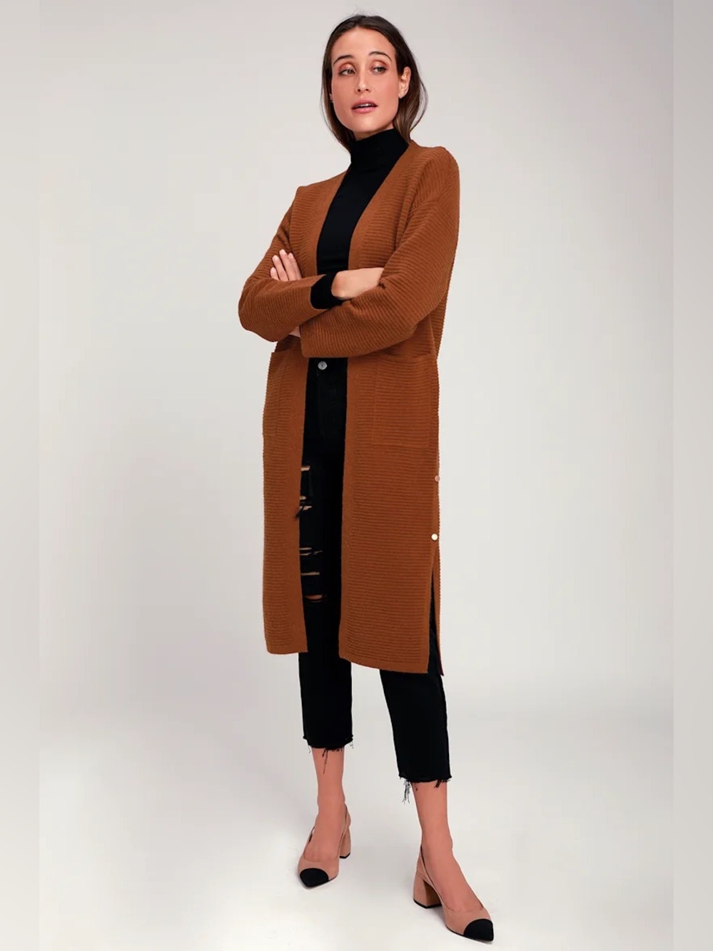 J.O.A. Yolanda Ribbed Midi Cardigan Sweater in Light Brown/Ginger size medium